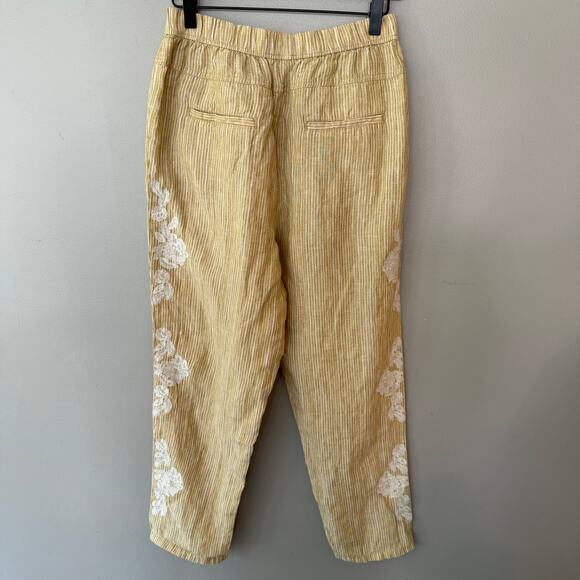 Anthropologie 100% Linen Yellow Stripe Floral Embroidered Pants Sz Sml Boho - Picture 4 of 15
